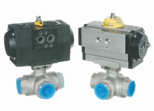 Шаровый кран, 3-ходовой, L-/T-порт, нерж. сталь, Dn8-65, Pn63 BSP/NPT c пневмоприводом